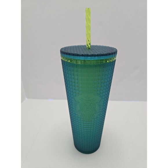 Starbucks Other - Starbucks 2022 Green Blue Grid Studded Tumbler Mountain Dew Glowing Straw & Rim